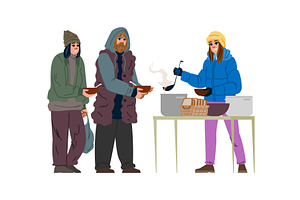 Volunteer giving warm meal to, a Person Illustration by pikepicture