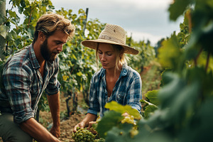 Young couple carefully picks grapes, a Nature Photo by MistyDay