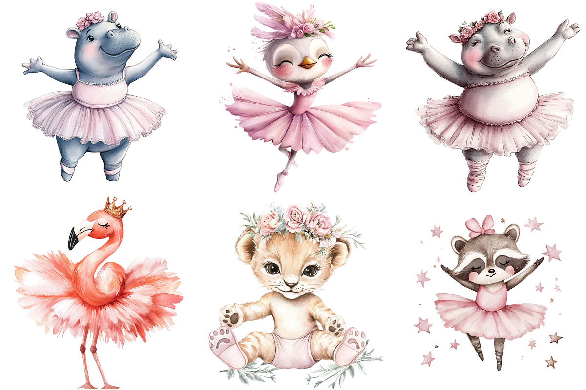 Cute Pink Ballerina Animals Clipart, an Illustration by Watercolor design (Photo 3 of 5)