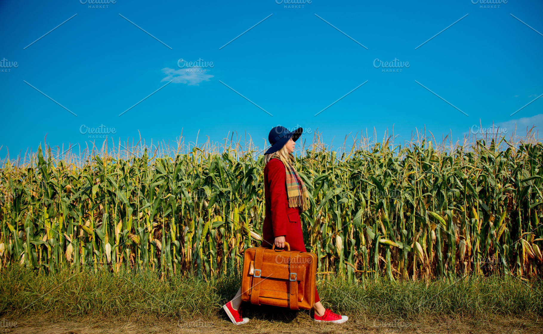 girl with suitcase near cornfield, a Person Photo by Masson Simon