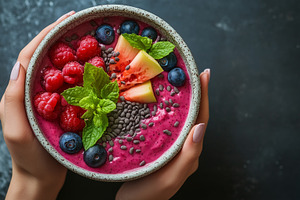 Smoothie bowl topped with raspberry, a Food & Drink Photo by MistyDay