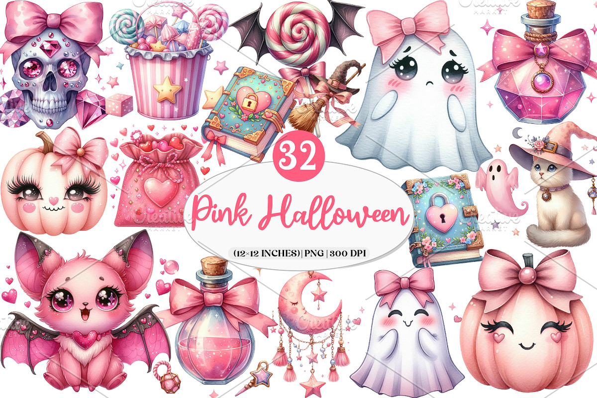 Charm Pink Halloween Clipart, an Illustration by Watercolor design (Photo 1 of 4)
