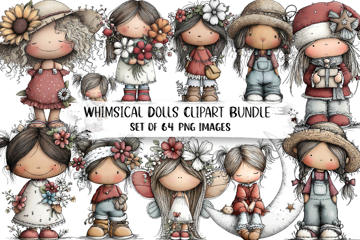 Whimsical Dolls Clipart Bundle, an Illustration by DreamPrint404 (Photo 1 of 7)