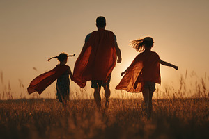 Father and daughters superheroes sun, a Photo by Pixeness Studio