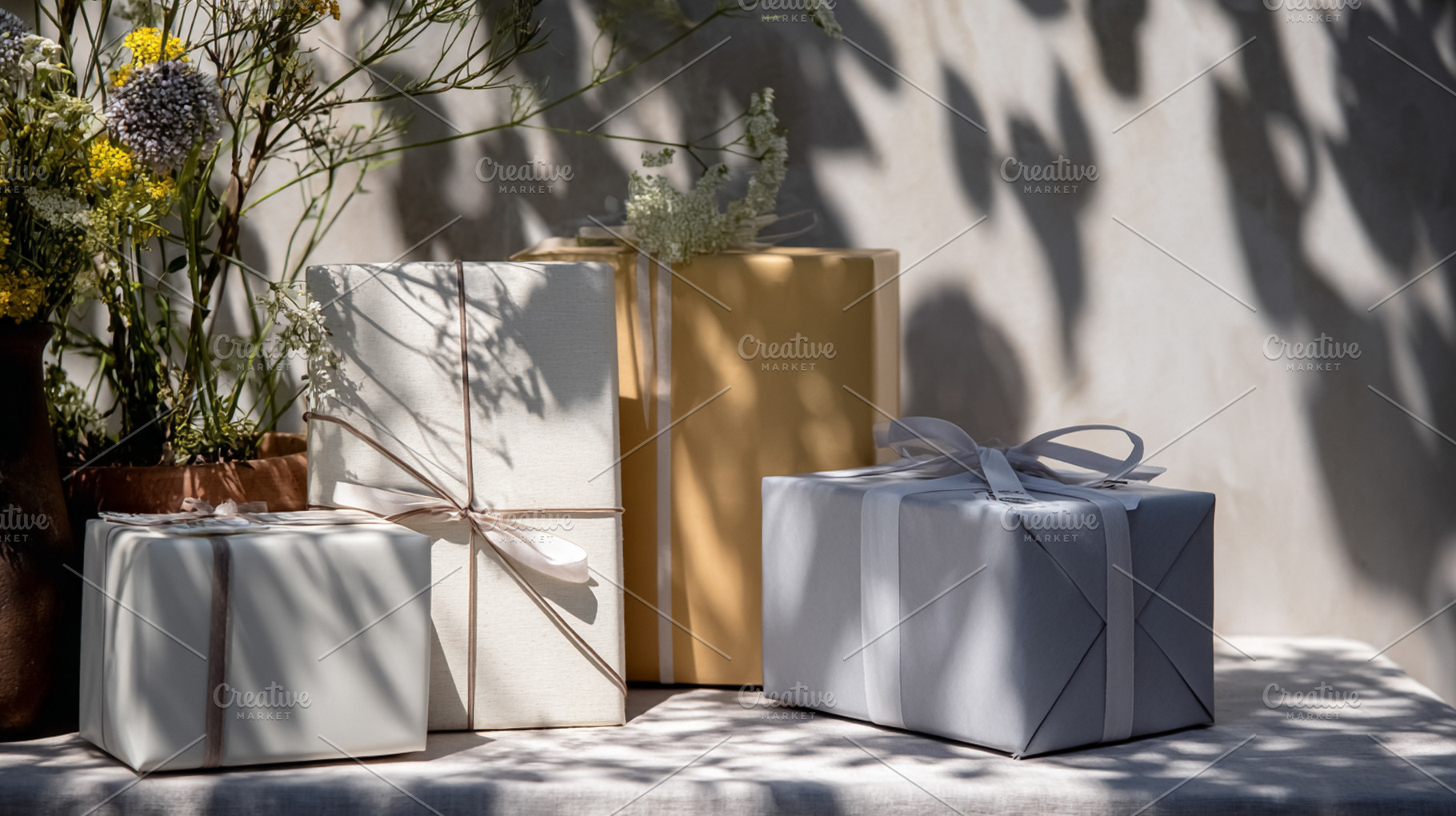 Assorted gift boxes with decorative ribbons and floral arrangeme, a Photo by Studio ANNA