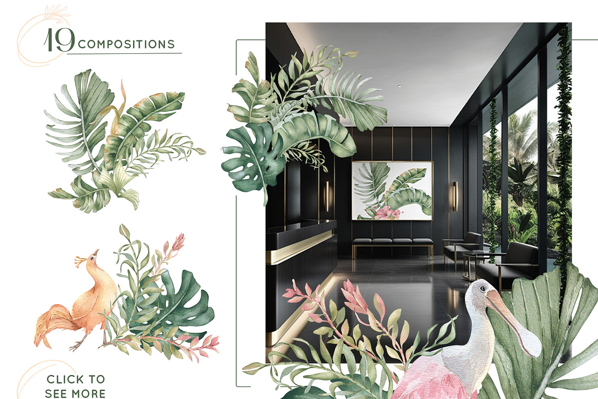Tropical leaves and birds watercolor, an Illustration by Kate Lanbina (Photo 3 of 19)