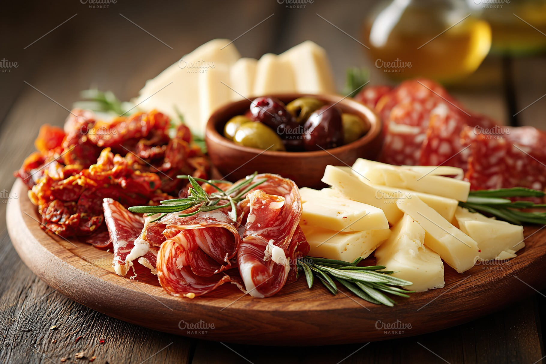 Cured meats and cheese antipasto platter with olives and herbs served on wooden, a Food & Drink Photo by AlyaAnd