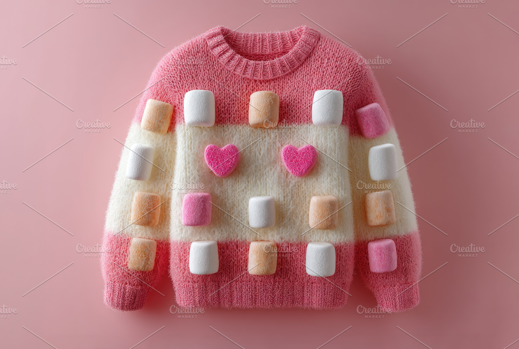 Playful pink and white fuzzy sweater decorated with soft marshma, a Photo by José Manuel Gelpi