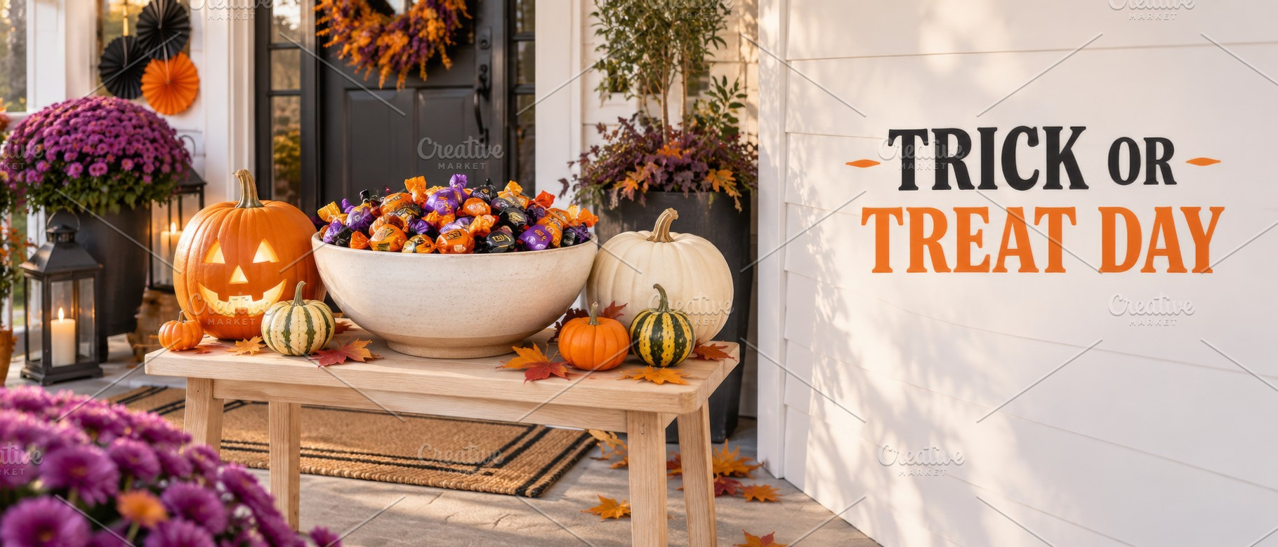 Halloween porch display featuring pu, a Photo by Dvoevnore photos