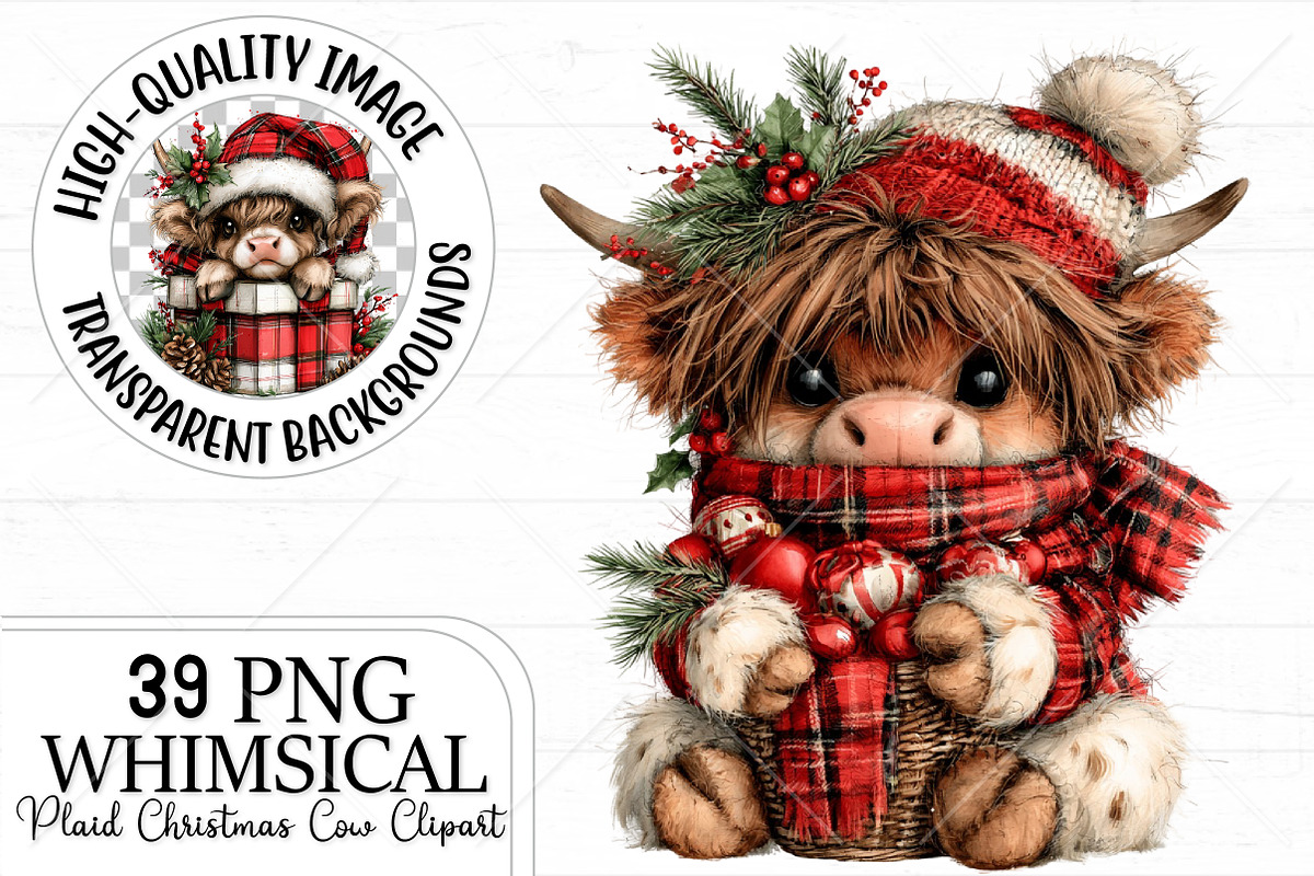 Plaid Christmas Cow PNG Clipart, a Seasonal Illustration by Canvas Craft (Photo 1 of 10)