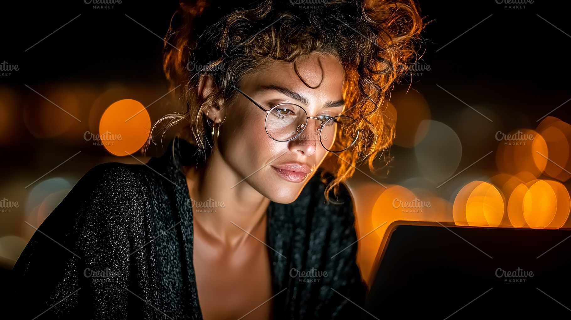 Focused woman working on a laptop with city lights in the background, a Person Photo by AS photostudio