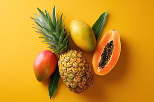 Ripe tropical fruits arranged on a bright yellow background with green leaves, a Food & Drink Photo by AlyaAnd