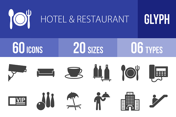 60 Hotel Restaurant Glyph Icons