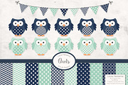 Navy & Mint Owl Clipart, an Animal Illustration by Amanda Ilkov (Thumbnail 1 of 3)