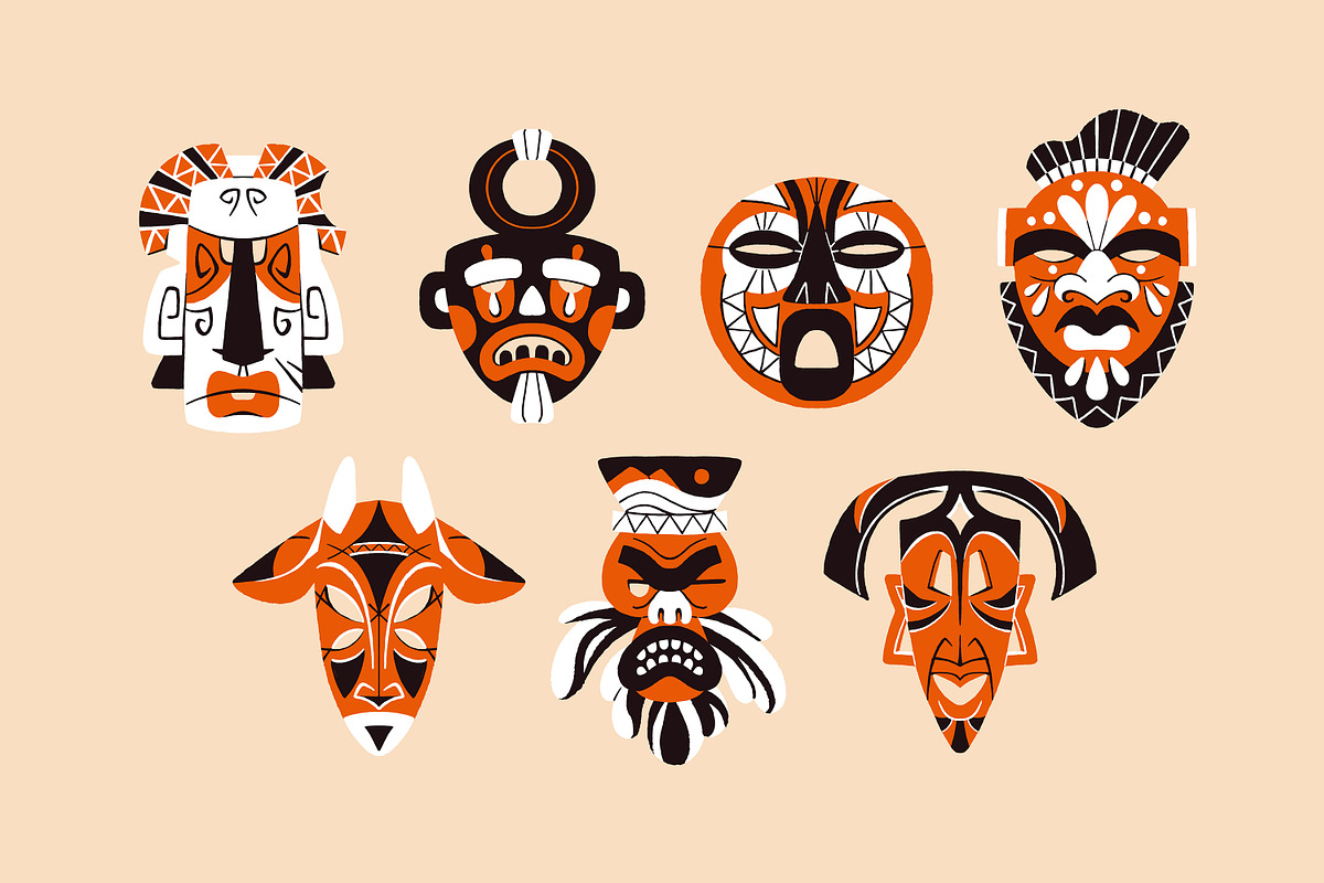 African tribal masks set, background, an Object Illustration by PaperTrident (Photo 3 of 6)