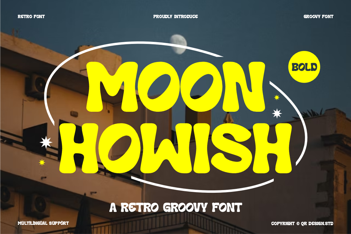 Moon Howish - Groovy Retro Font, a Sans Serif Font by QR Design Studio (Photo 1 of 12)