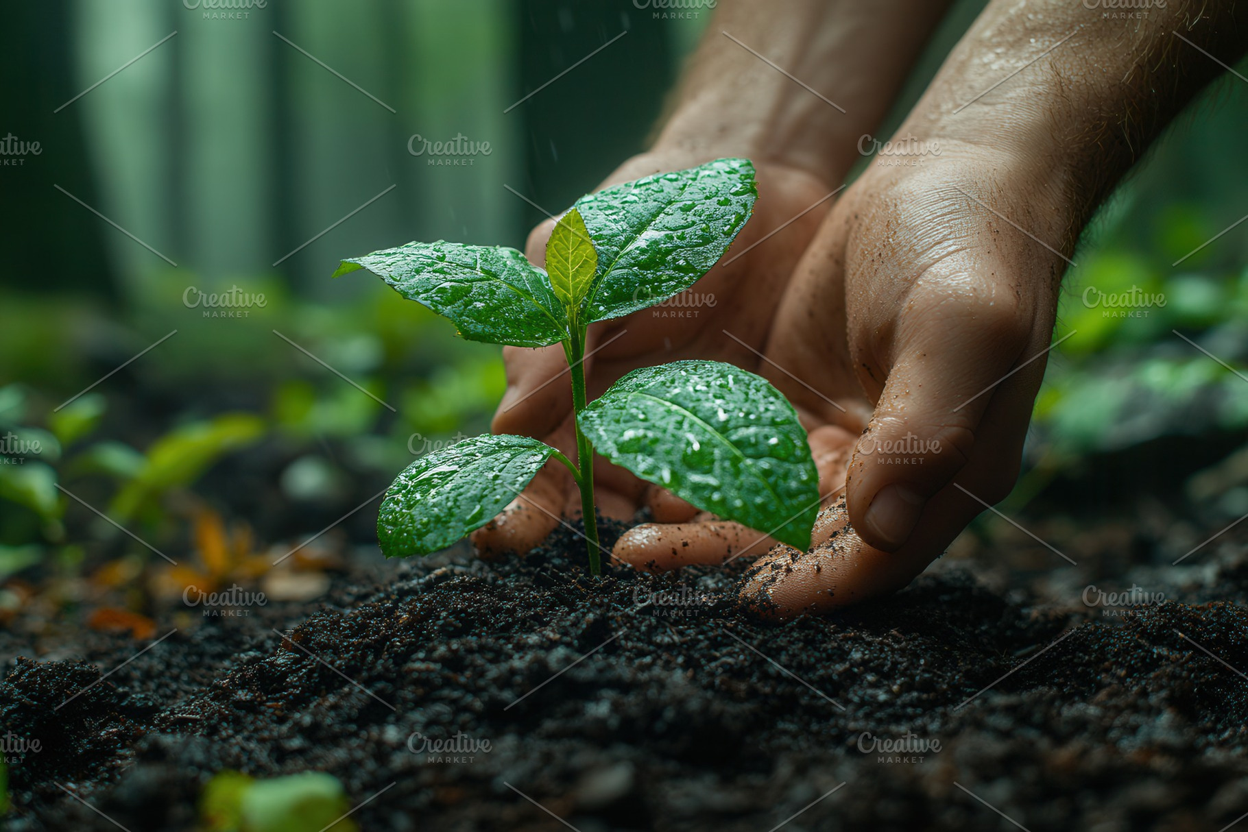 Hands planting a young green seedlin, a Photo by Tanuart