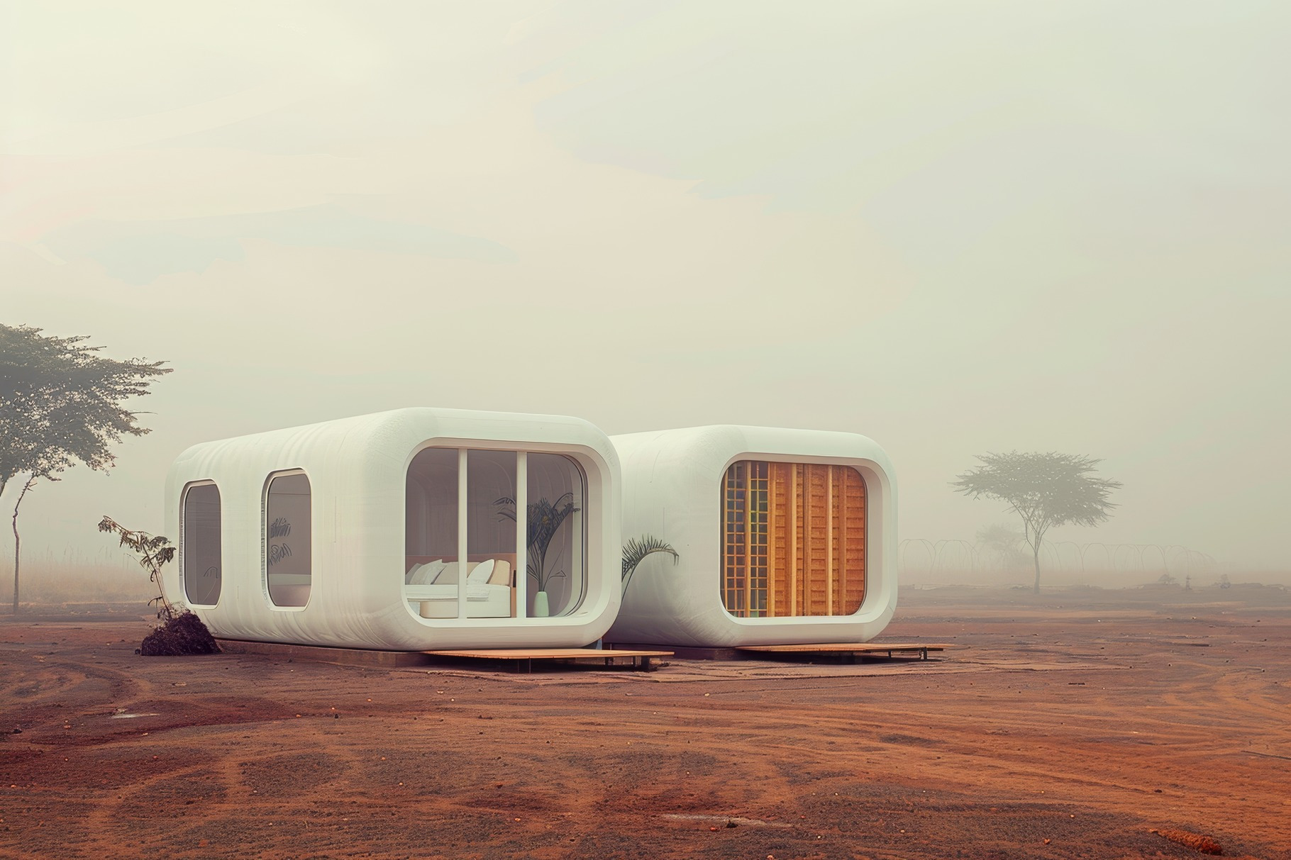 A unique modular home stands amidst, a Photo by Tanuart