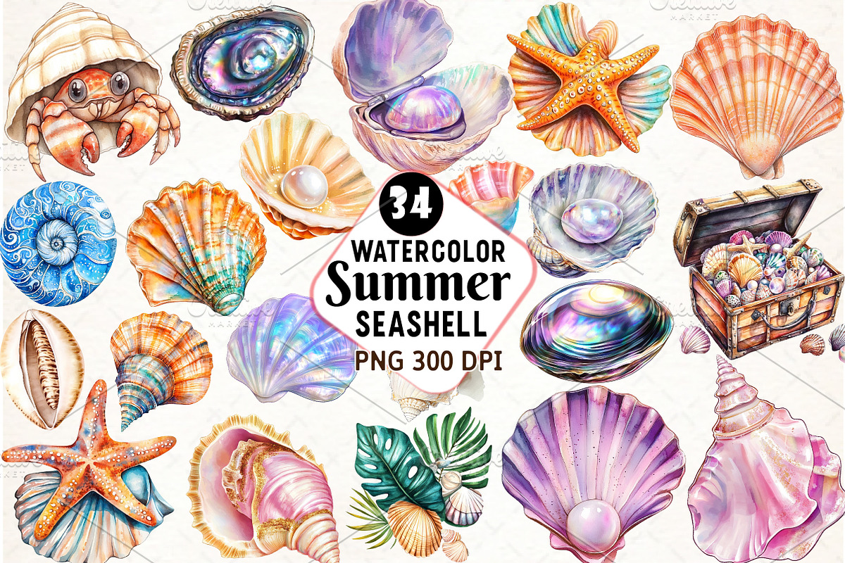 Watercolor Summer Seashell Clipart, an Illustration by Watercolor design (Photo 1 of 4)