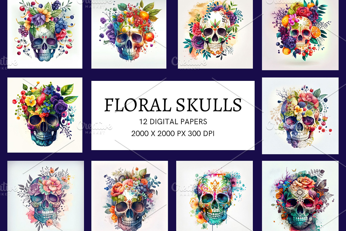 Watercolor floral skulls pack, a Wallpaper Graphic by Art's and patterns (Photo 1 of 5)