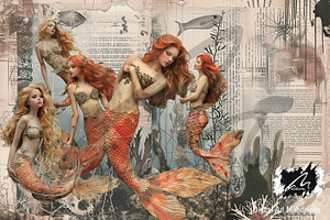 Red Mermaid, Grunge Collage Pages