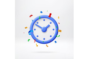 3D Blue clock with confetti flying