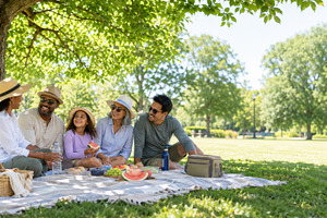 Family picnic under a tree in summer, a Photo by Dvoevnore photos