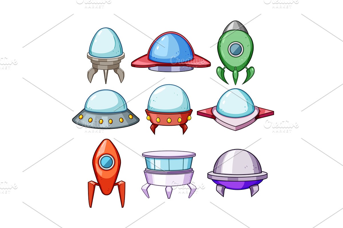Cartoon alien spaceships flying, an Object Illustration by pikepicture