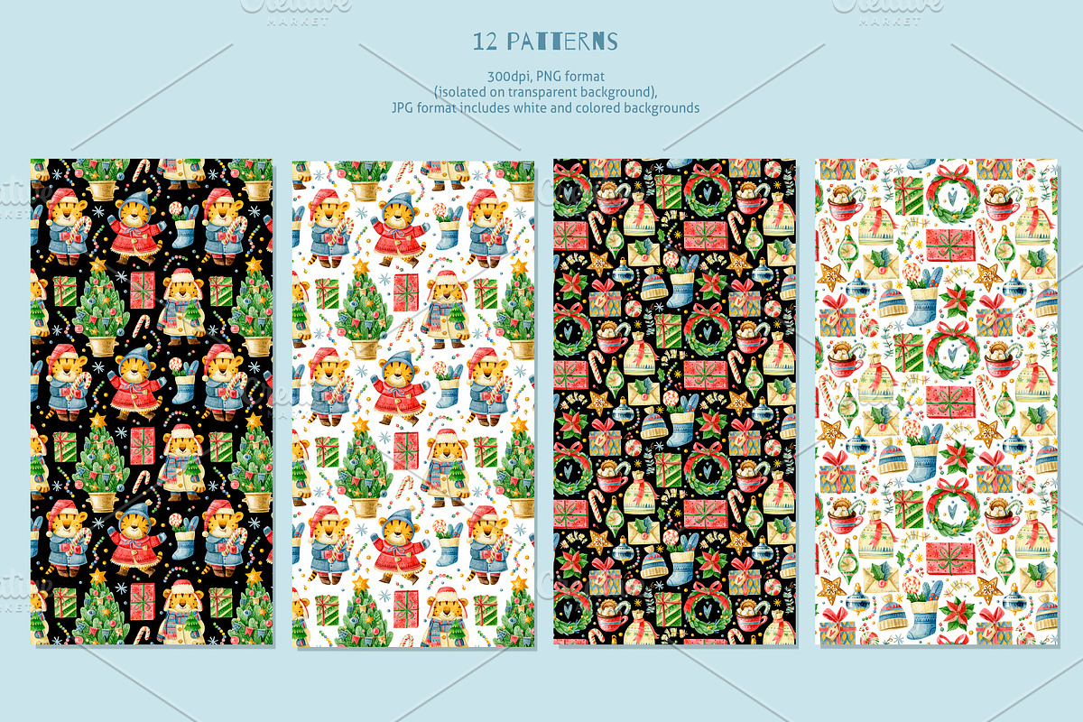 Christmas tigers. New Year cute set., an Animal Illustration by babenkoirusa (Photo 8 of 17)