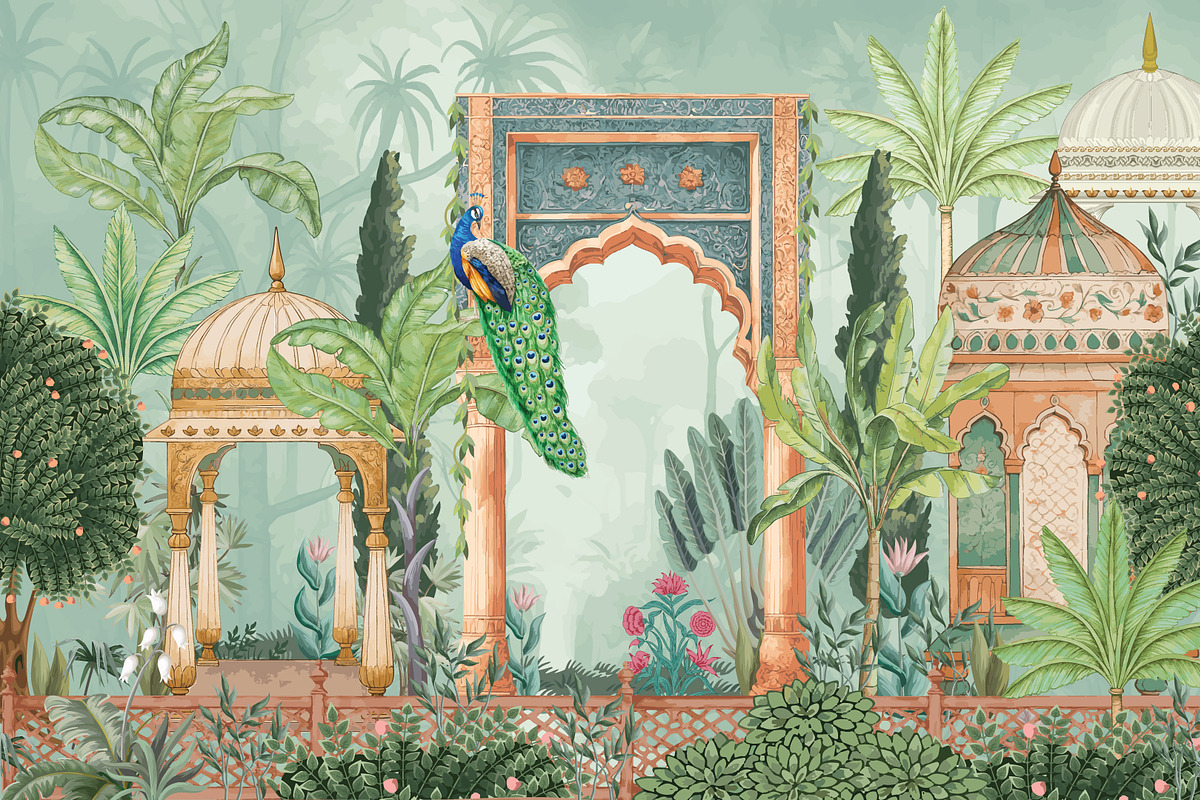 Mughal garden, peacock, tree, palace, an Illustration by Mughal Wallpaper (Photo 1 of 2)