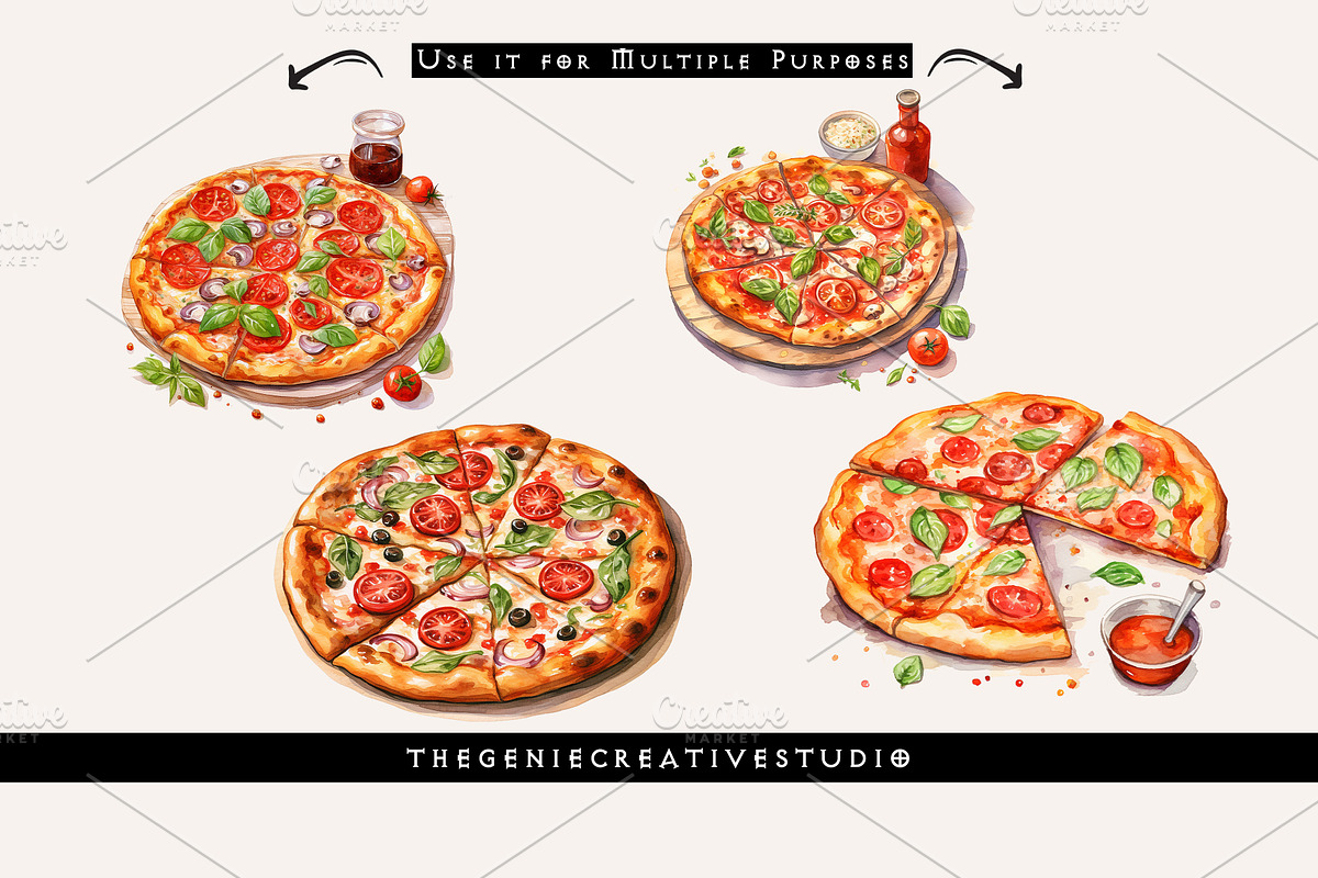 Watercolor PNG Pizza Clipart, a Food Illustration by Geniecreativestudio (Photo 6 of 9)