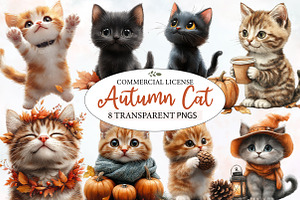 Watercolor Autumn CAT Clipart, an Illustration by Designworld
