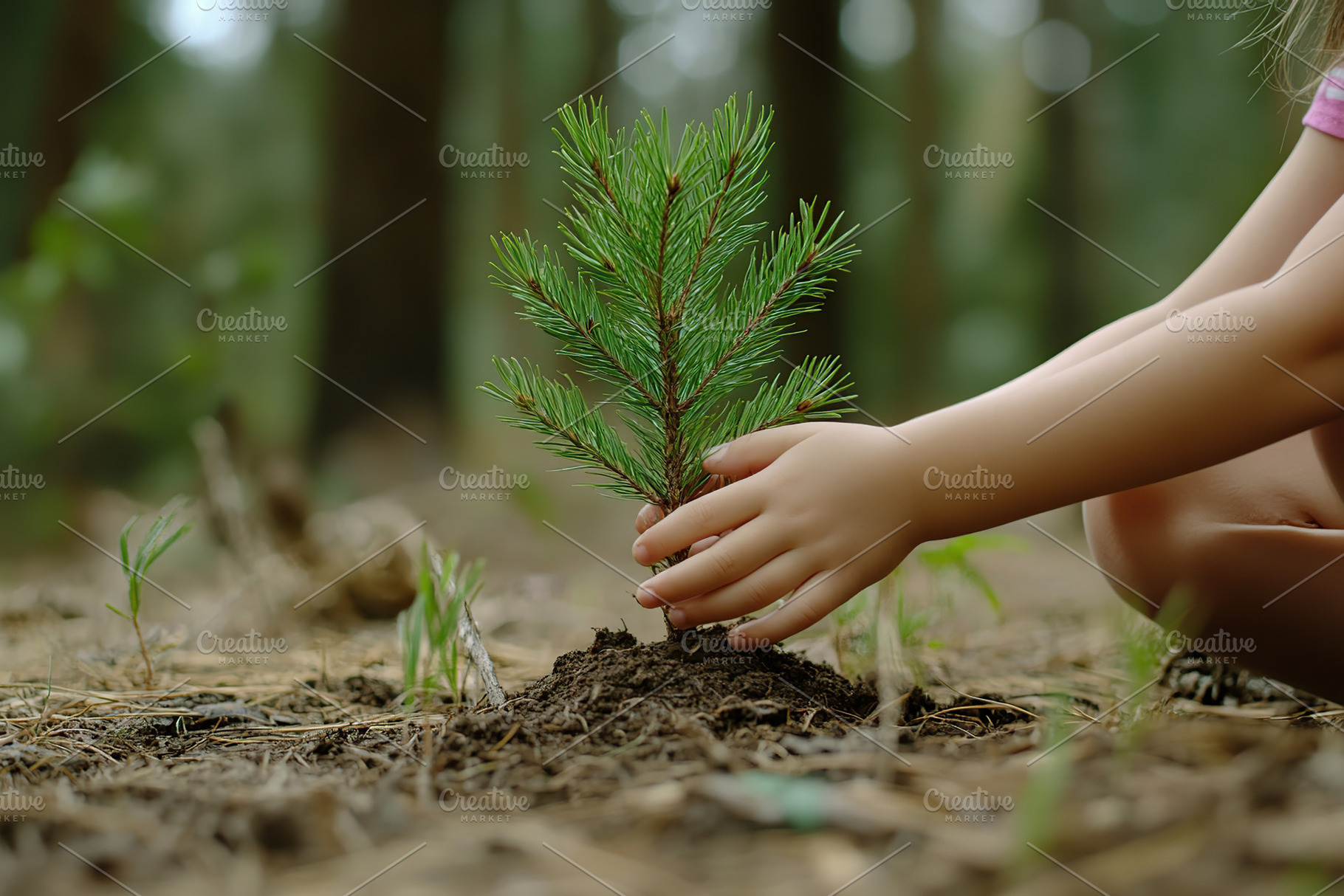 Child hands taking care of small pine tree sapling in the forest, a Nature Photo by AlyaAnd