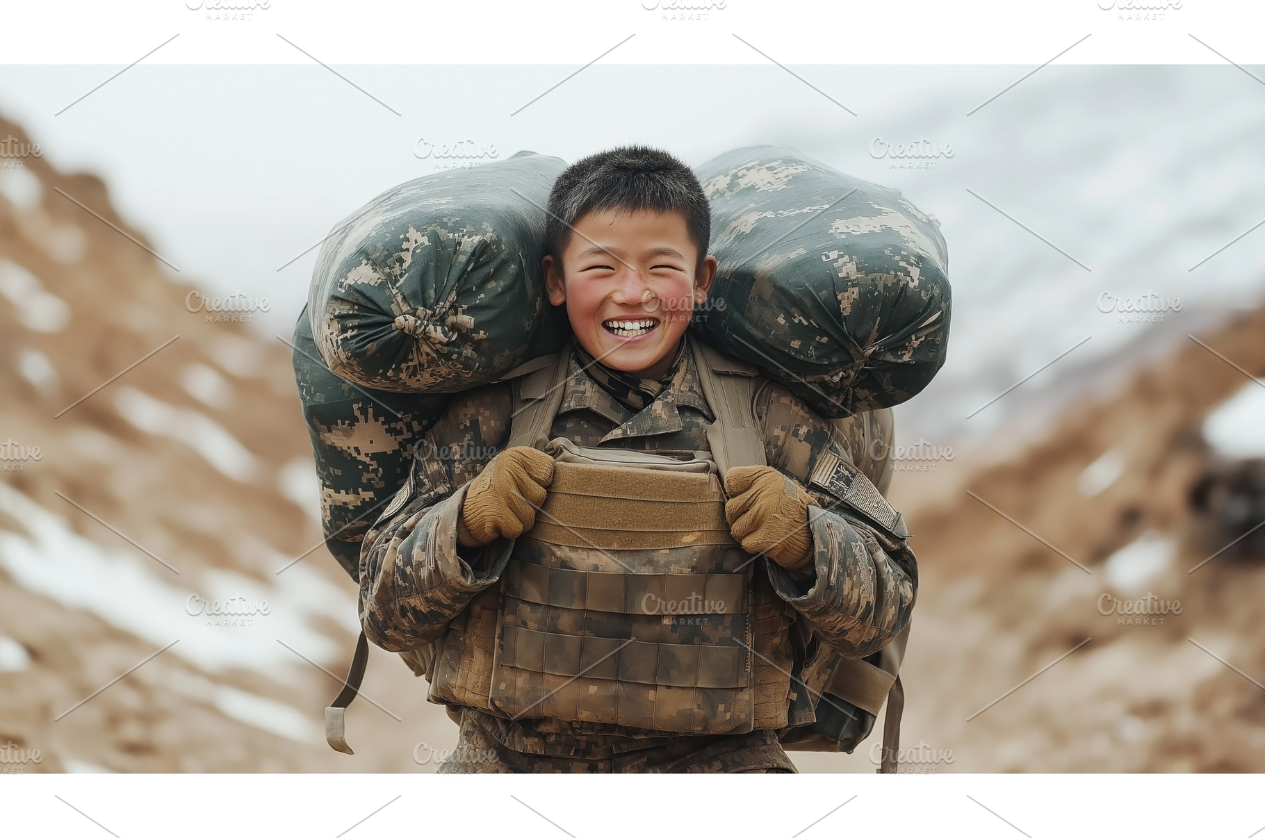 Asian soldier smiling while carrying, a Nature Photo by Sergey Kotenev