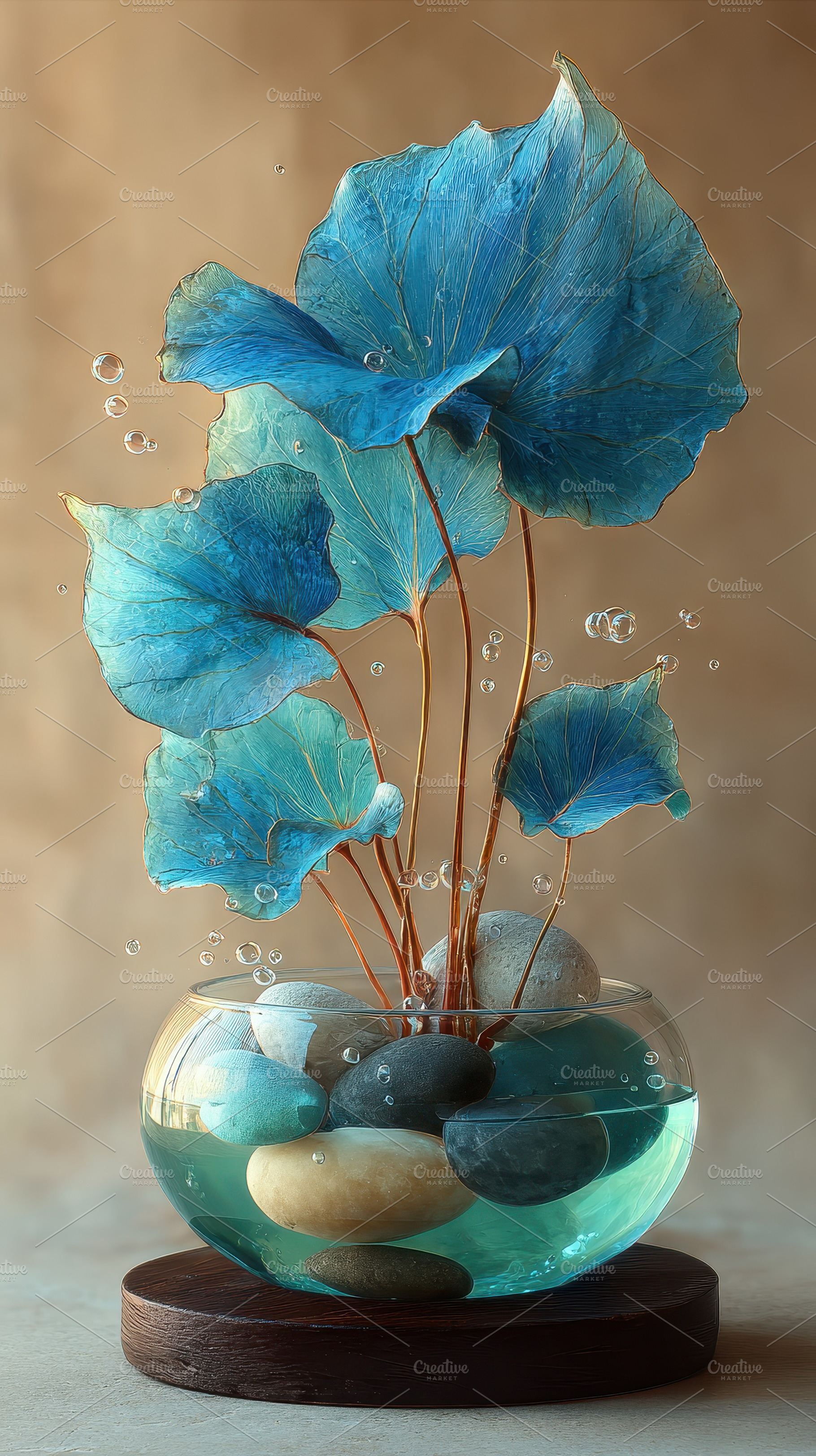Teal leaves in glass bowl with stone, an Abstract Photo by Pixeness Studio