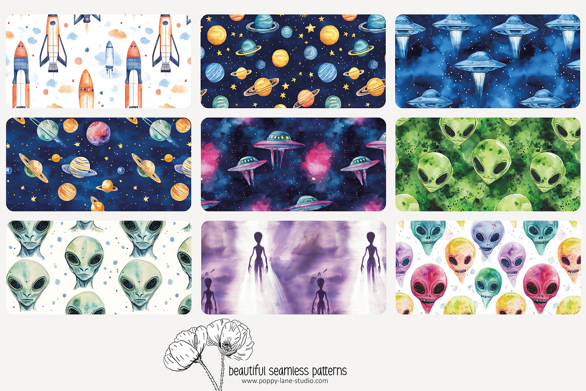 80 watercolour UFO seamless pattern, a Pattern Graphic by Poppy Lane Studio (Photo 6 of 11)