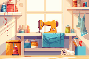 Interior of a cartoon tailors room, an Object Illustration by LadadikArt