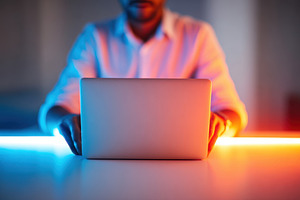 Person working on laptop with colorful lighting, a Business Photo by AlyaAnd