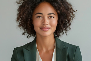 Confident young woman with curly hair, dressed in a stylish green blazer and wh, a Person Photo by ImageMir