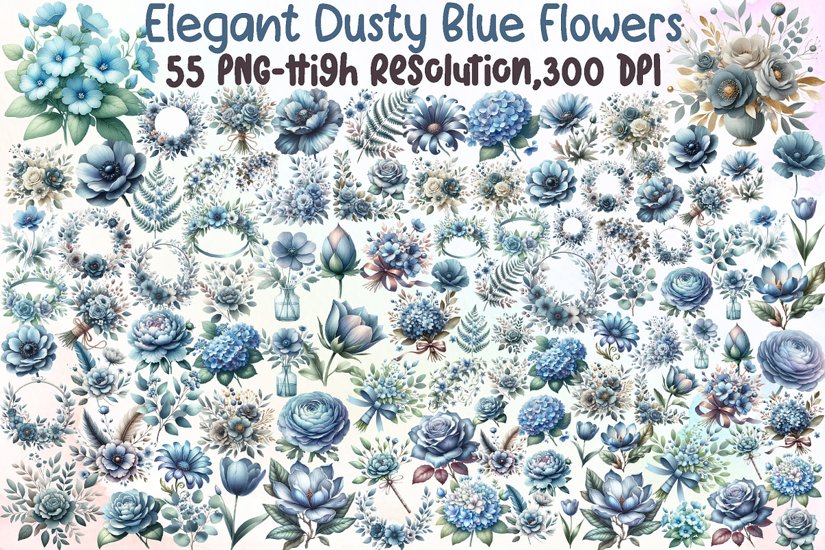 Elegant Dusty Blue Flowers Clipart, an Illustration by Sublimation Artist (Photo 1 of 6)