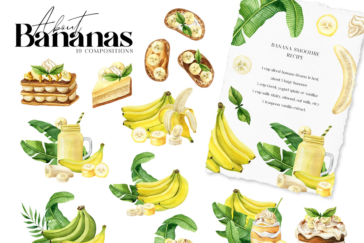 Banana Watercolor Clipart Set, a Food Illustration by Natalia Fedorova (Photo 5 of 8)