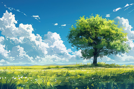 Lush green field under blue skies wi, a Photo by LOGOCREATIVE