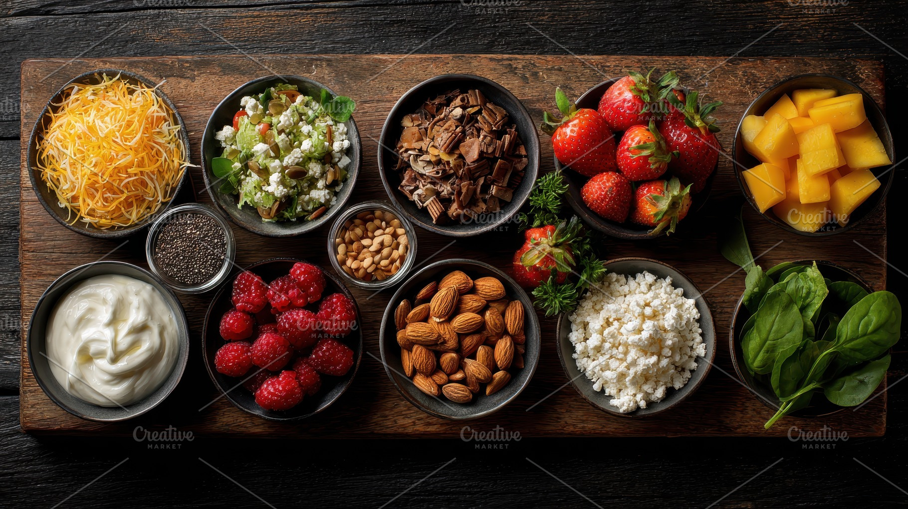 Fruits, nuts, greens, and dairy item, a Photo by Pavel_design