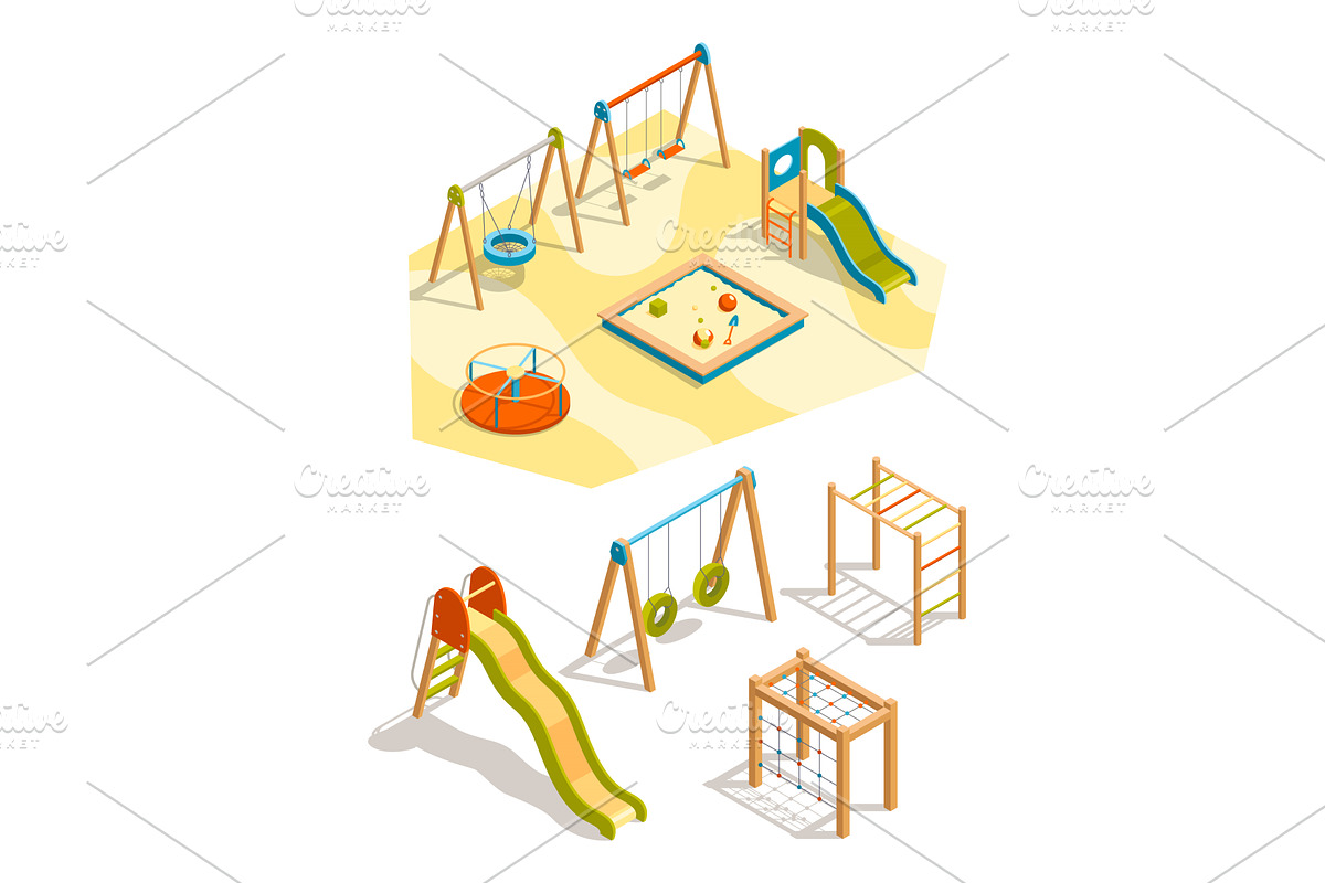 Isometric kids playground set, an Illustration by the8monkey