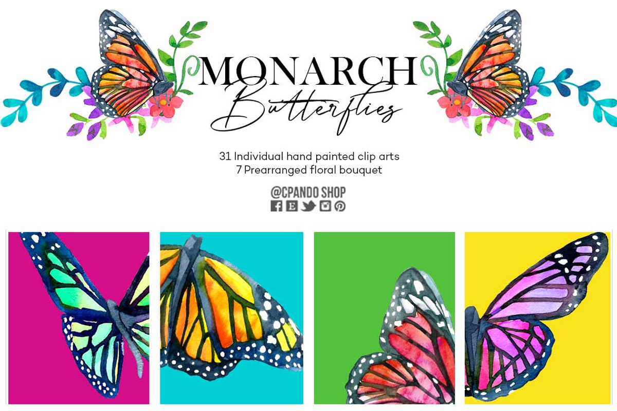 Monarch Butterflies watercolor clips, a Decorative Illustration by CpandoShop (Photo 4 of 5)