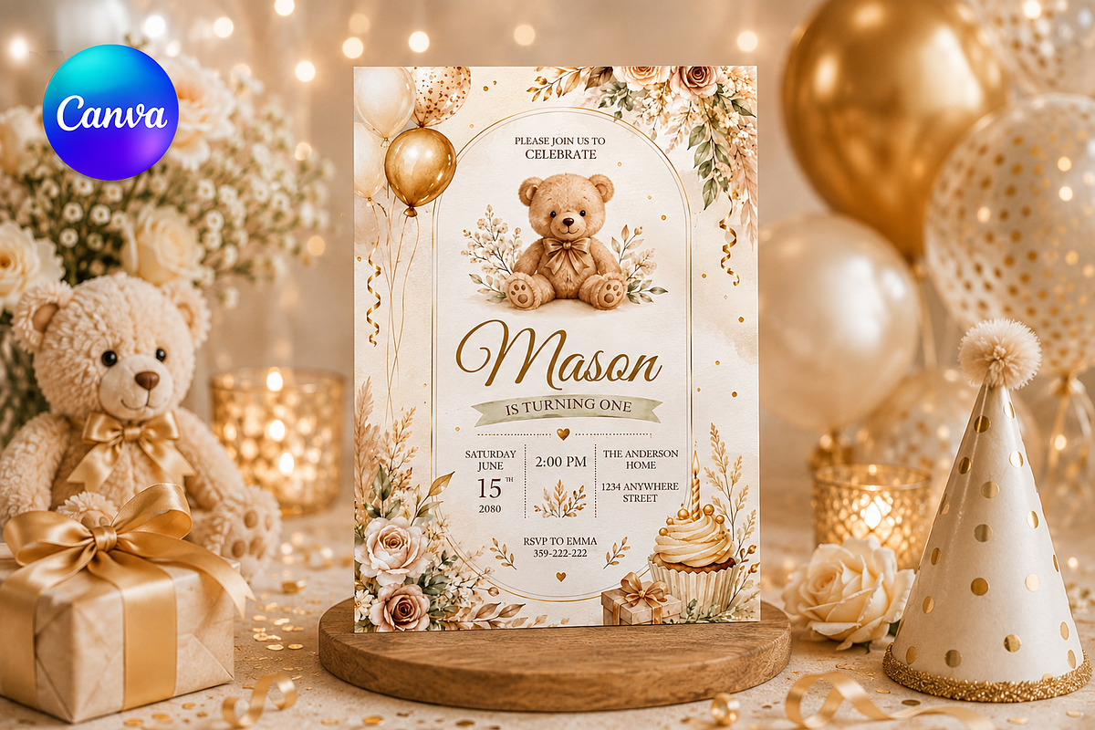 Teddy Bear First Birthday Invitation, an Invitation Template by S Graphic Studio (Photo 1 of 10)