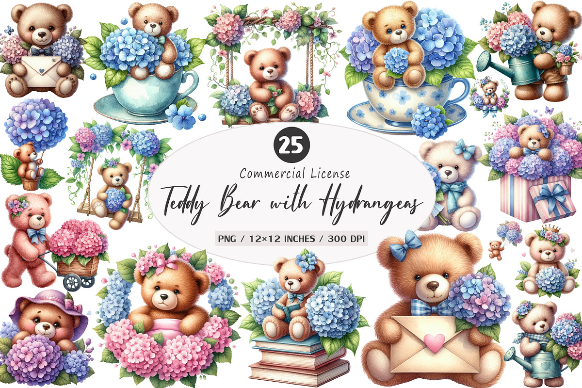 Teddy Bear with Hydrangeas, an Illustration by SinaCreation (Photo 1 of 5)