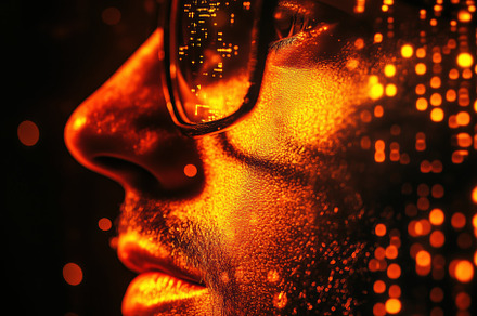 A close-up profile of a NLP developer man with glasses, illuminated by a warm o, a Person Photo by Textures & Backgrounds