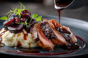 Delicious roasted lamb mashed potato, a Photo by Pixeness Studio