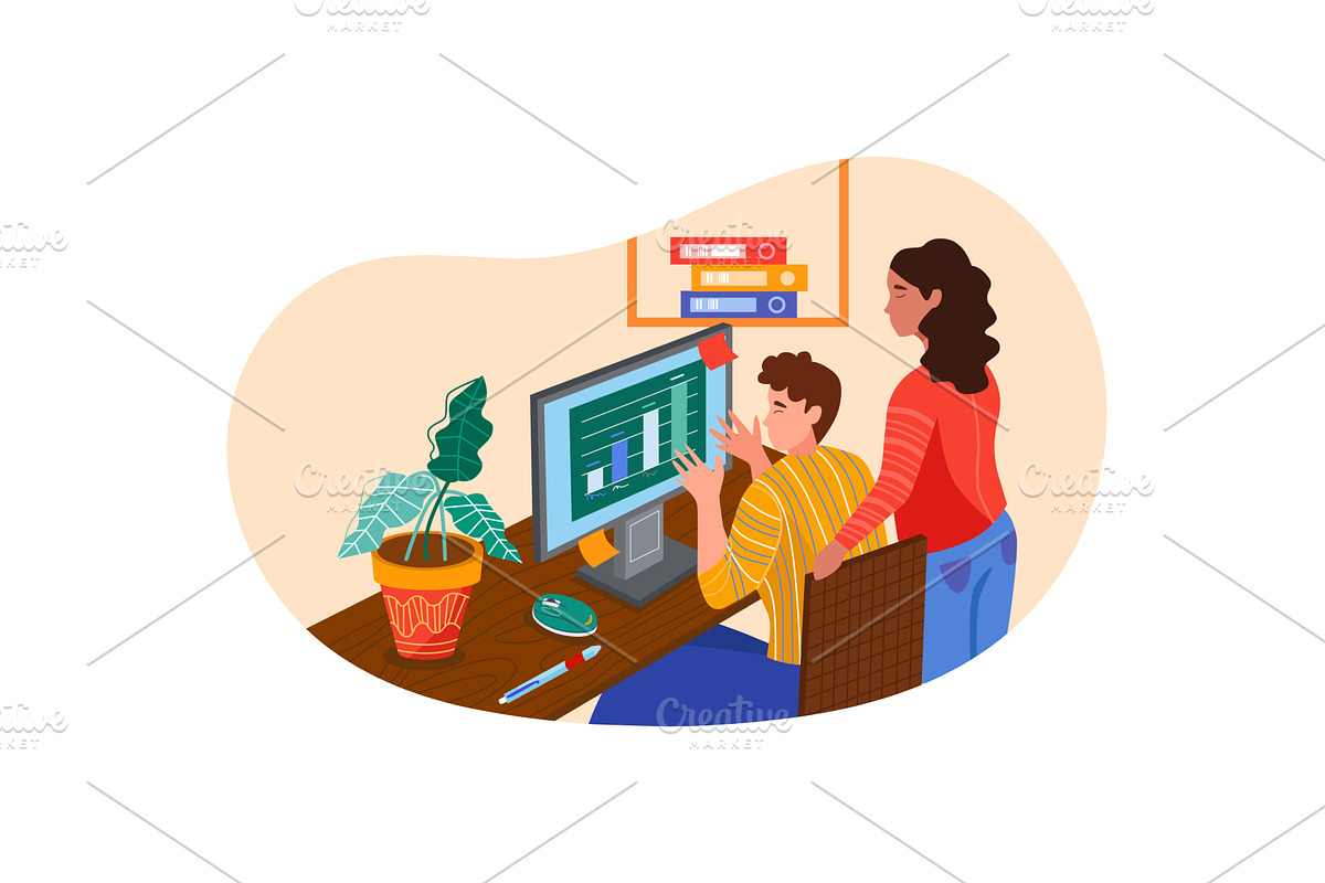 Man woman team brainstorming in, a Person Illustration by vectorpointstudio